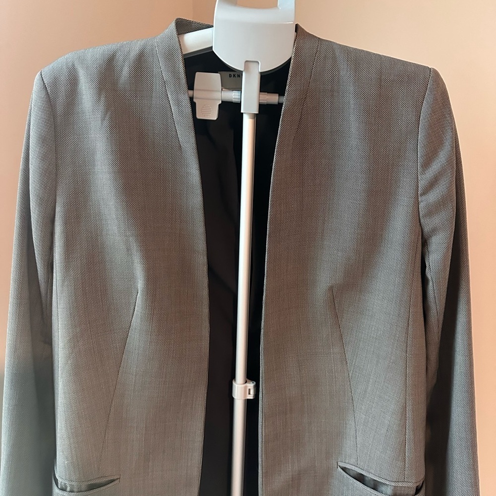 DKNY Longline Wool Blend Blazer Jacket 14 | Grey Open Front Duster Coat Trench - Picture 3 of 6